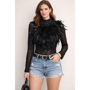 Gracia Black Mesh Feather Embellished Top Size See-thru Grunge Goth Goth  S